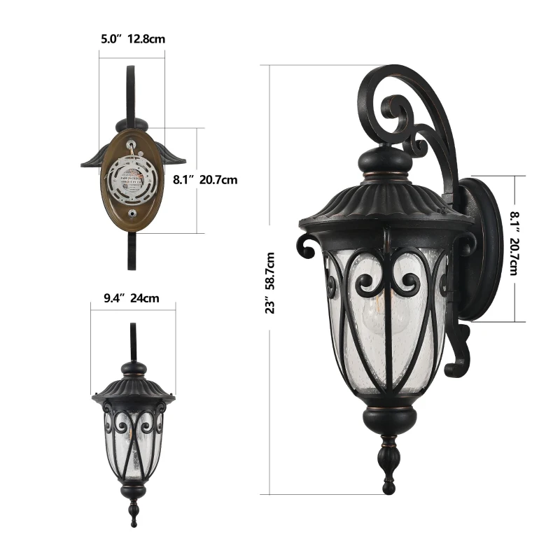 Classic Outdoor Wall Lantern with Bubble Glass, Vintage Wall Sconce, Weatherproof Exterior Light Fixture for Porch, 9.5" L x 12" W x 23" H, Black