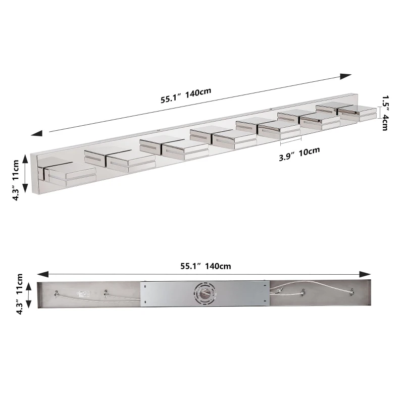 Energy-Efficient 7-Light Wall Sconce with Geometric Lamp Heads, Chrome LED Vanity Light for Bathroom, Mirror, 55" L x 4.5" W x 5" H, Silver