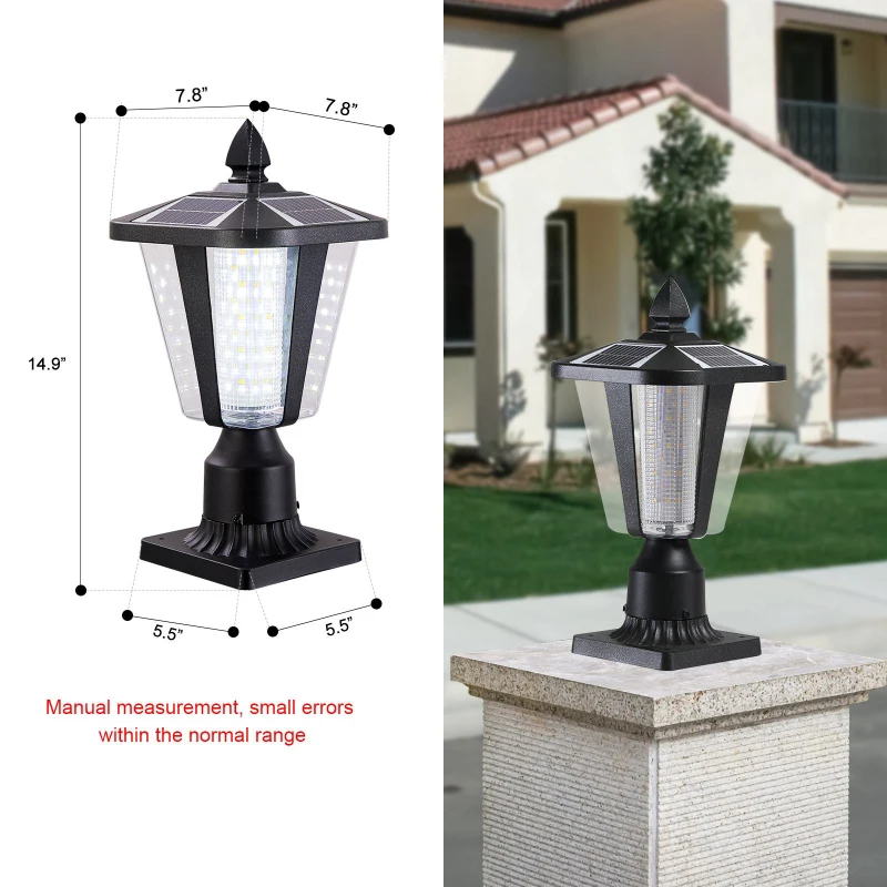 Solar Powered Outdoor Lantern with IP65 Waterproof, Modern Garden Light with LED for Pathways, Yards, 8" L x 8" W x 15" H, Black
