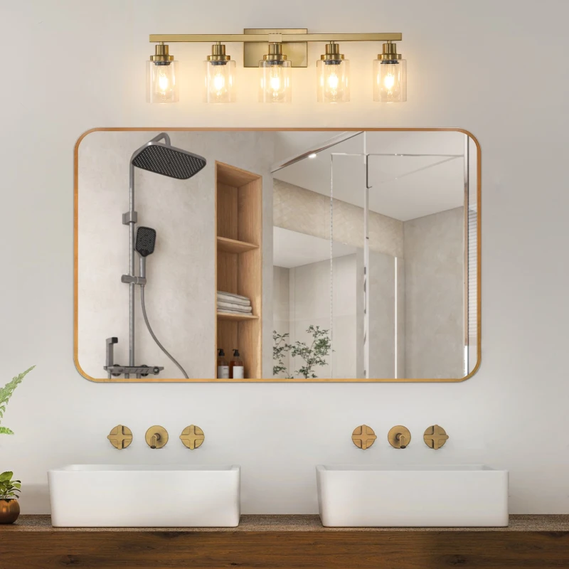 31" 5-Light Vanity Light with Clear Glass Shades, Easy Installation, Modern Iron Bathroom Wall Fixture for Mirror, 31" L x 6" W x 9" H, Golden