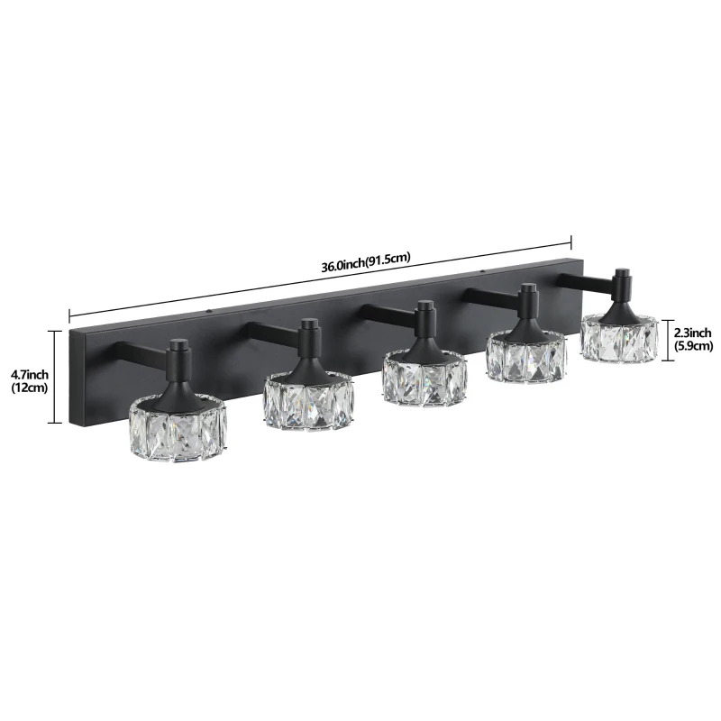 Modern 5-Light LED Vanity Light Fixture with Crystal Glass Shades, Matte Black Bathroom Wall Sconce, 36" L x 8" W x 5" H, Black