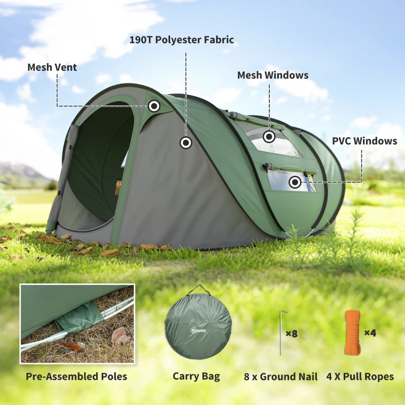 Outsunny 4 Person Camping Tent, Easy Pop Up Tent with Doors, Windows and Carry Bag, Automatic Setup Tent for Hiking, Dark Green