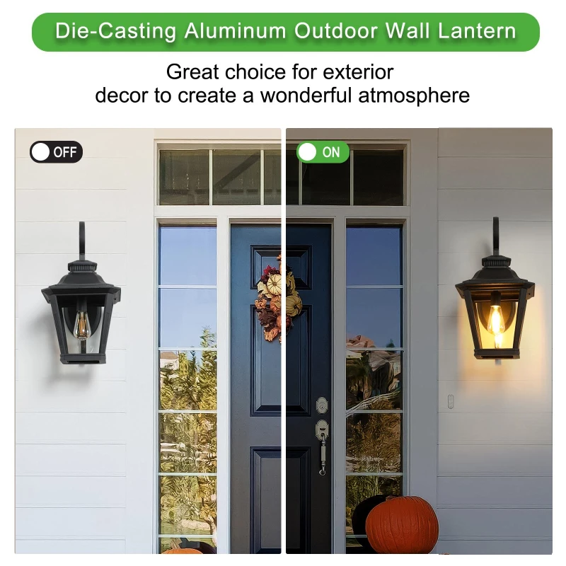 Outdoor Wall Lantern Light with Decorative Scroll Design, Clear Glass Sconce, Weather-Resistant Aluminium, 14" L x 11" W x 21" H, Black