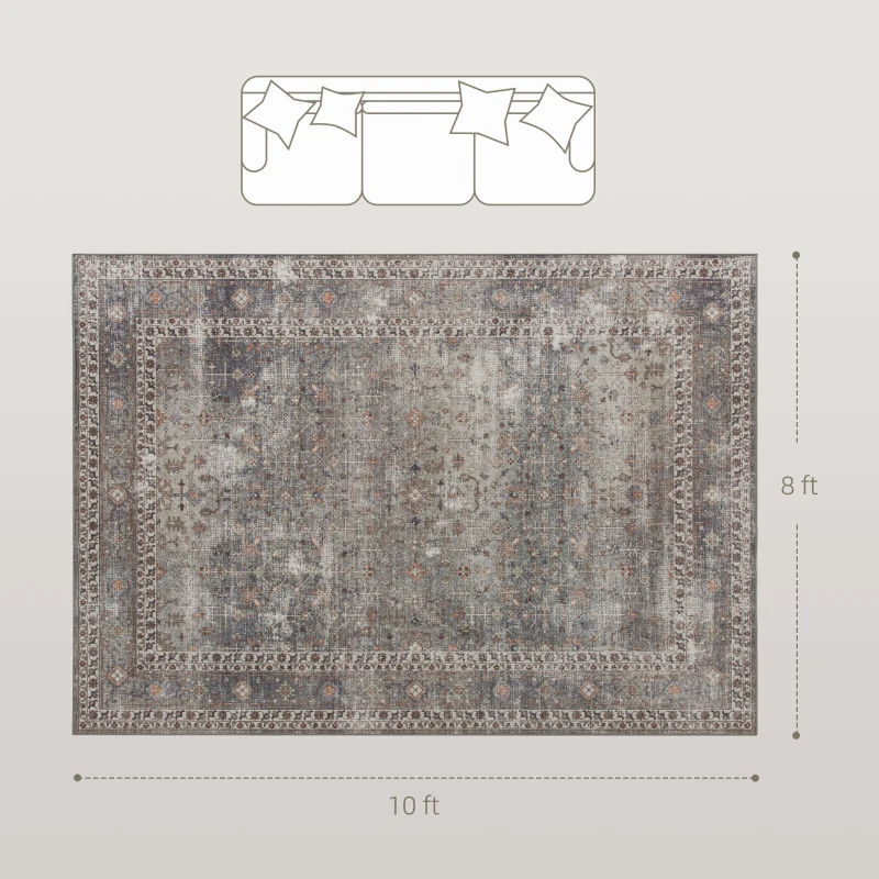 HOMCOM Machine Washable Area Rug 8x10, Non-Slip Traditional Floor Cover Foldable Carpet for Living Room, Dark Mixed-Brown