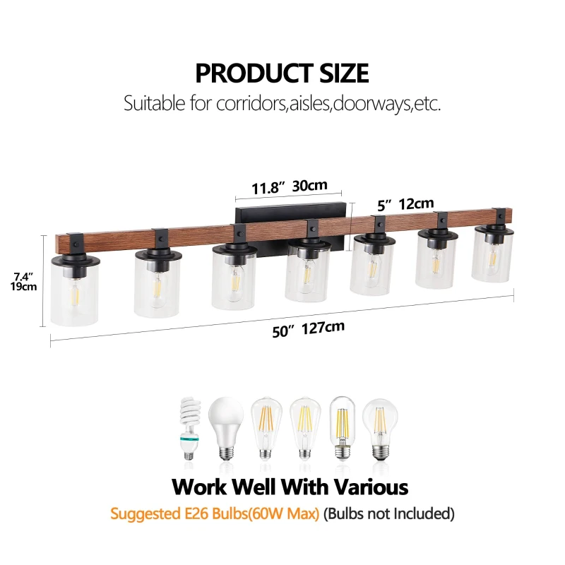 50" 7-Light Vanity Light with Glass Shades, Wood Accent, Modern Farmhouse Wall Sconce for Bathroom, 50" L x 8.5" W x 6" H, Walnut+Black