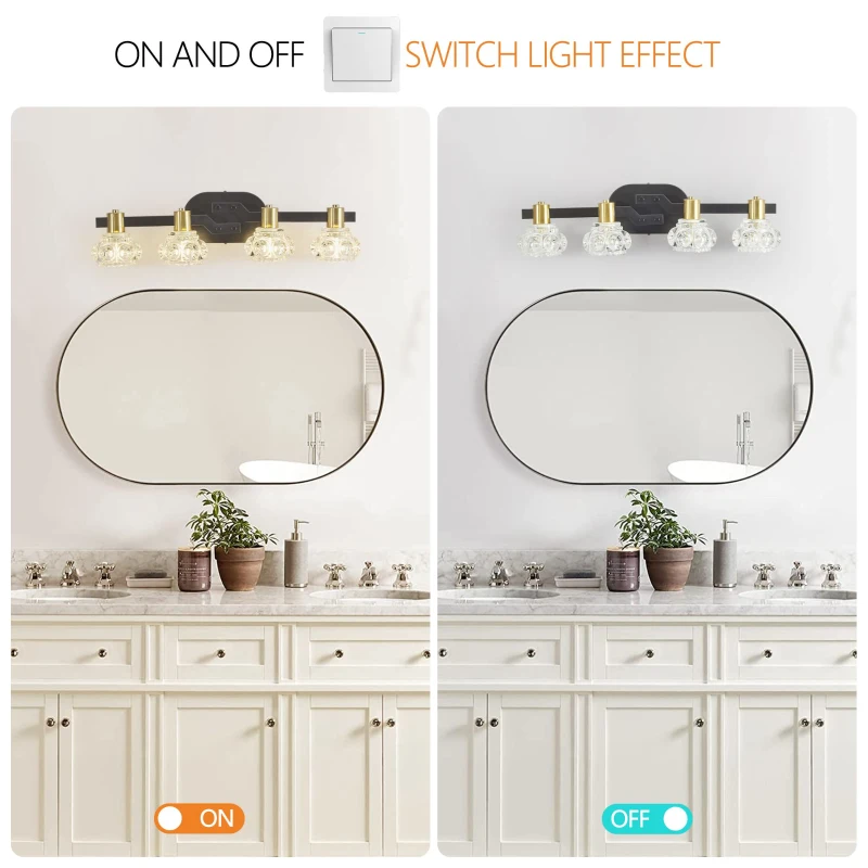 23.5" Vintage 4-Light Wall Sconce with Crystal Shades, Iron Finish, Vanity Light Fixture for Bathroom, Hallway, 23.5" L x 5.5" W x 5" H, Black+Gold