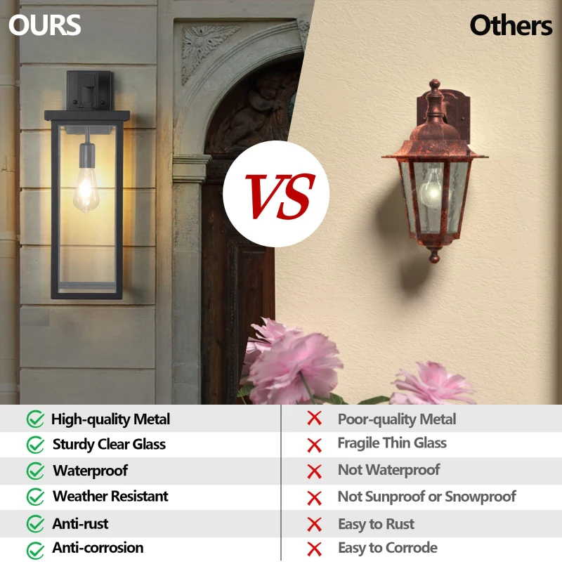 Set of 2 Modern Outdoor Wall Lanterns with E26 Bulb Compatible, Weatherproof Black Metal Frame with Clear Glass, 9" L x 9.5" W x 20" H, Black