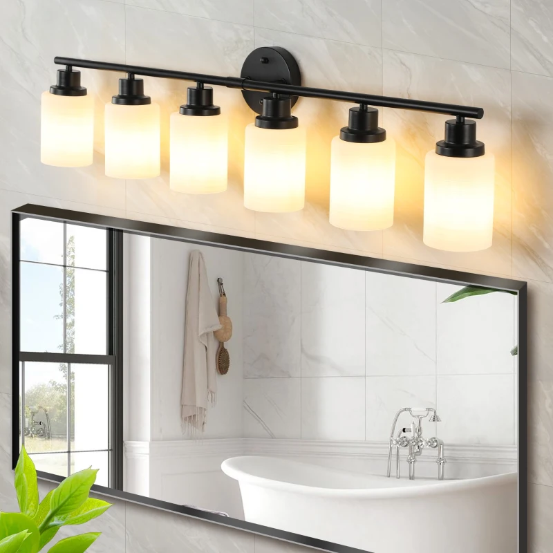 39" Modern 6-Light Vanity Light with Iron Frame, Frosted Glass, Wall Sconce for Bathroom, Dressing Room, 39" L x 6.5" W x 10" H, Black+White