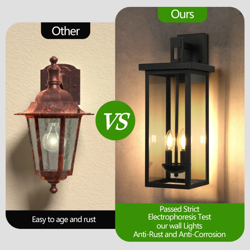 Outdoor Wall Lantern with Dusk to Dawn Sensor, Weatherproof Dual-Light Design, Clear Glass Panels, 8" L x 9.5" W x 22" H, Black
