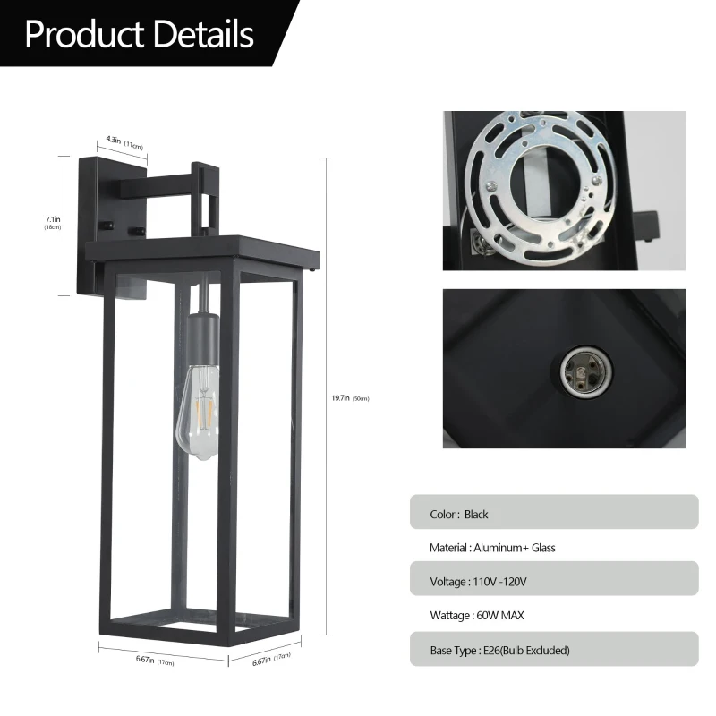 Set of 2 Modern Outdoor Wall Lanterns with E26 Bulb Compatible, Weatherproof Black Metal Frame with Clear Glass, 9" L x 9.5" W x 20" H, Black
