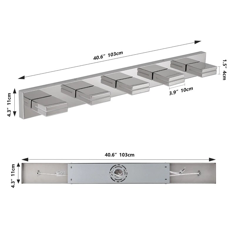 Minimalist 5-Light Wall Sconce with Geometric Lamp Heads, Sleek Chrome LED Vanity Light for Bathroom, Corridor, 40.5" L x 4.5" W x 5" H, Silver
