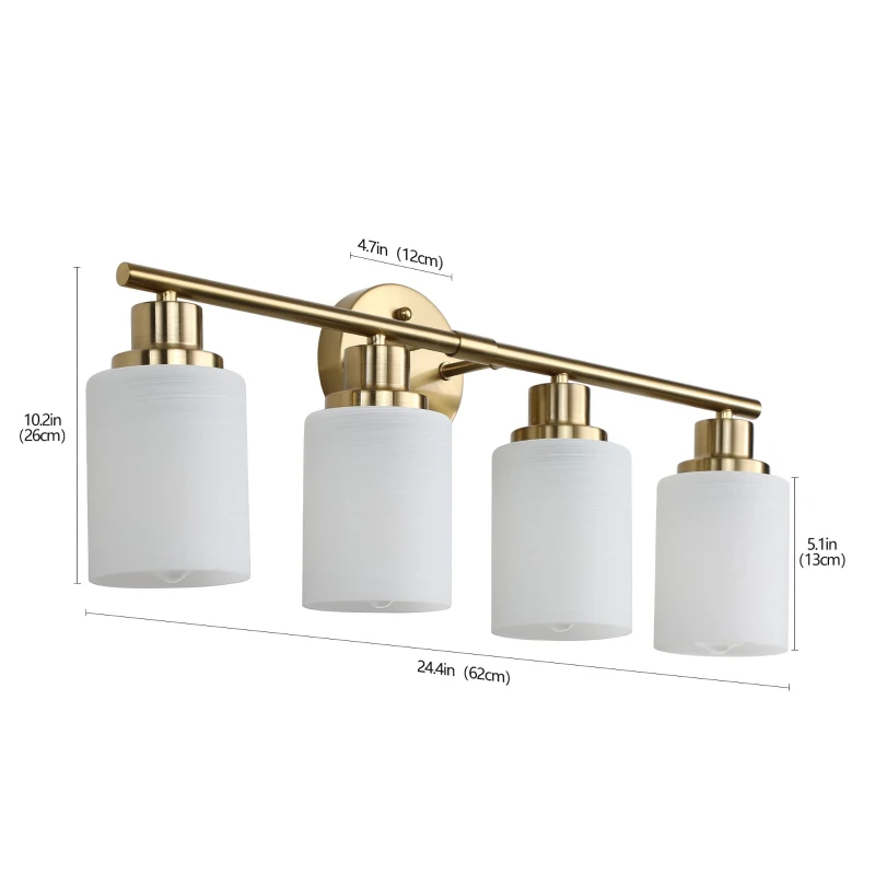 24.5" Modern 4-Light Vanity Wall Sconce with Frosted Glass Shades, Hard-Wired Bathroom Lighting Fixture, 24.5" L x 6.5" W x 10" H, Gold