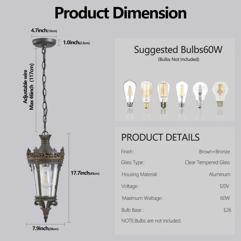 Antique Crown Outdoor Hanging Lantern with Ornate Metal Design, Waterproof Vintage Pendant Light, 8" L x 8" W x 18" H, Coffee+Golden