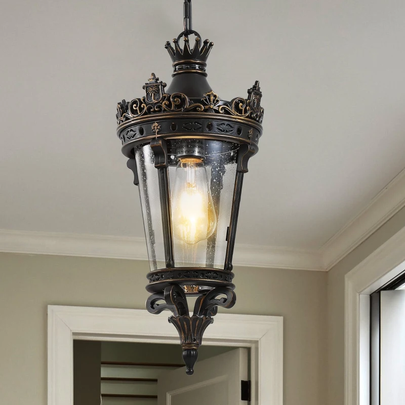 Antique Crown Outdoor Hanging Lantern with Ornate Metal Design, Waterproof Vintage Pendant Light, 8" L x 8" W x 18" H, Coffee+Golden