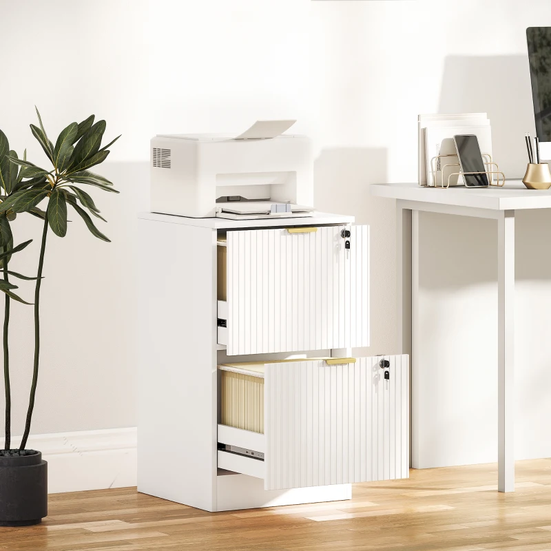 HOMCOM Lockable Filing Cabinet with 2 Fluted Drawers, File Cabinet with Adjustable Hanging Rails for A4 Letter Files, White