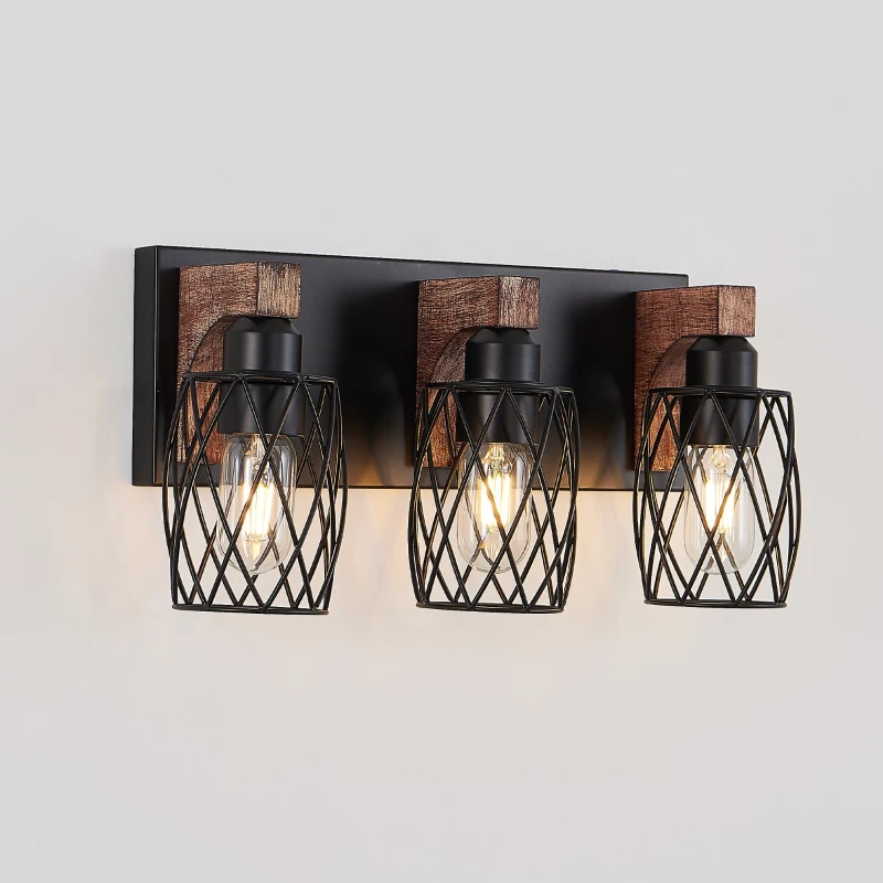 Industrial 3-Light Wall Sconce with Wooden Accents, Cage Wall Lighting Fixture for Bathroom, Hallway, 17.5" L x 6" W x 8.5" H, Walnut+Black