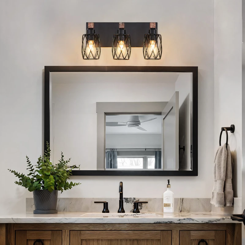 Industrial 3-Light Wall Sconce with Wooden Accents, Cage Wall Lighting Fixture for Bathroom, Hallway, 17.5" L x 6" W x 8.5" H, Walnut+Black