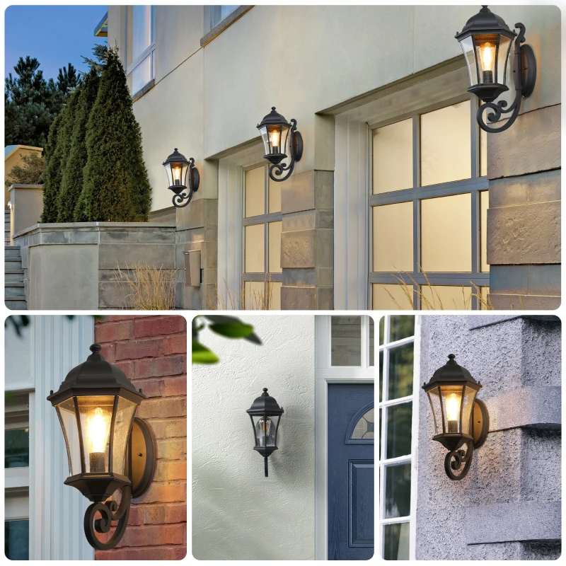 Vintage Wall-Mounted Outdoor Lantern Light with Weather-Resistant, Aluminum Sconce for Porch, Patio, 11" L x 9.5" W x 19.5" H, Black