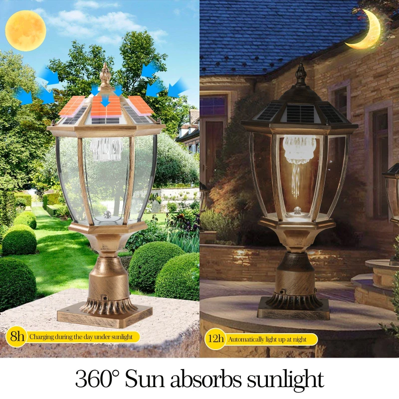 Solar Powered LED Outdoor Lantern with Elegant Glass Design, Vintage Garden Light for Pathways, Yards, Patios, 9.5" L x 9.5" W x 20" H, Bronze