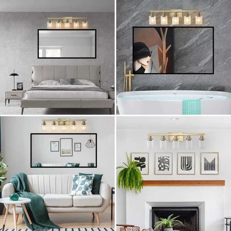 31" 5-Light Vanity Light with Clear Glass Shades, Easy Installation, Modern Iron Bathroom Wall Fixture for Mirror, 31" L x 6" W x 9" H, Golden