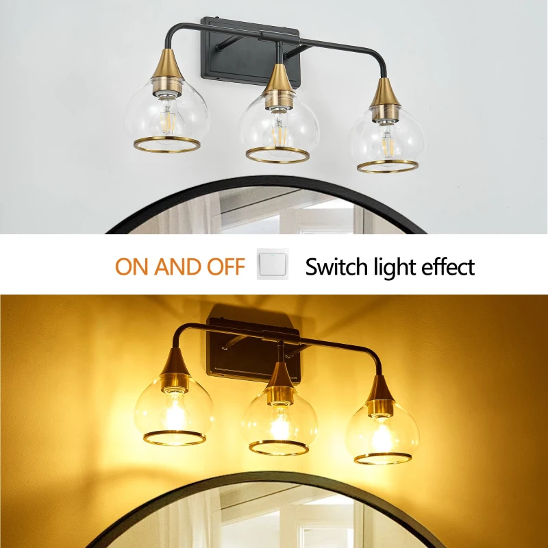 23" Industrial 3-Light Vanity Wall Sconce with Clear Glass Shades, Wall Mounted Lamp for Bathroom, Bedroom, 23" L x 8" W x 11" H, Black+Gold