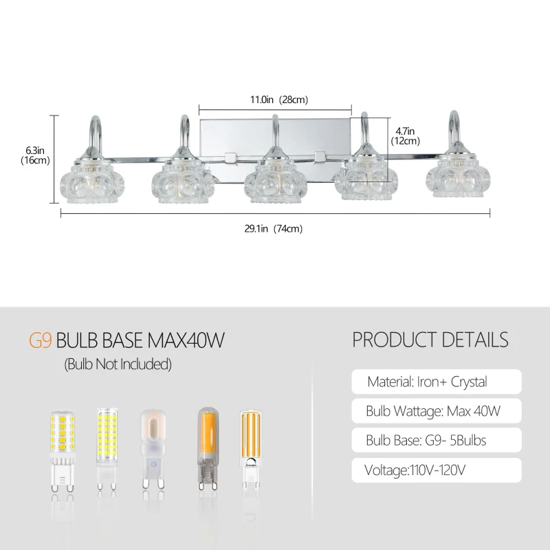 29" Vintage 5-Light Bathroom Mirror Fixture with Clear Glass Shades, Brushed Nickel Finish, Crystal Vanity Light, 29" L x 7" W x 6.5" H, Silver