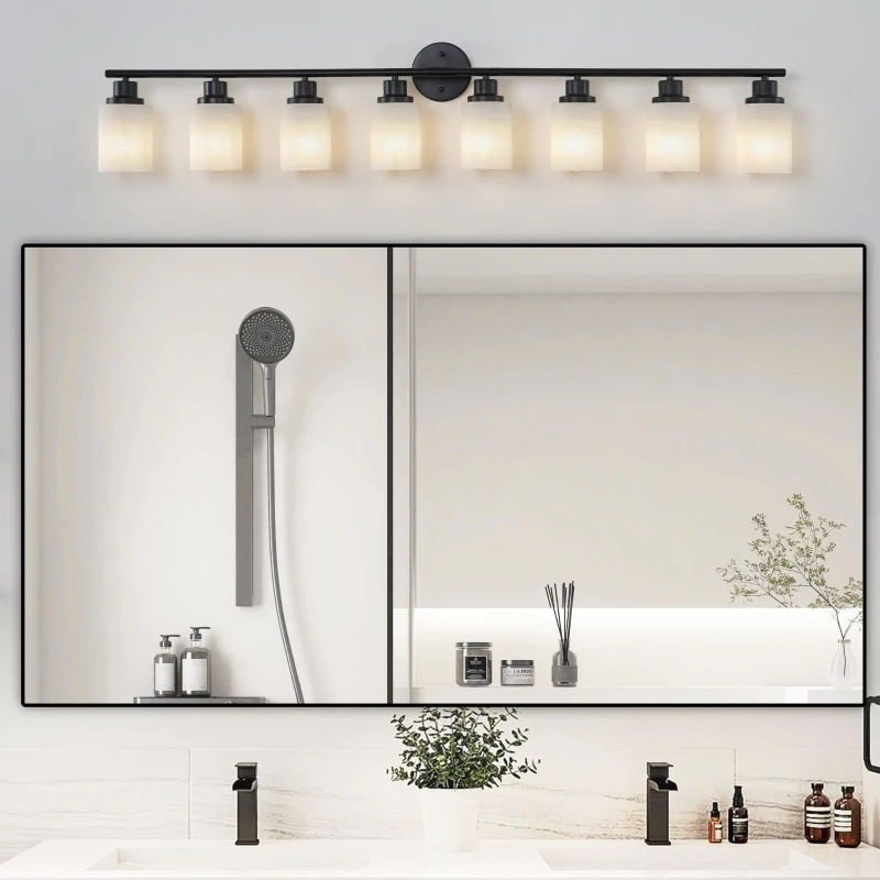 52" Modern 8-Light Vanity Light with Iron Frame, Frosted Glass, Wall Sconce for Bathroom, Dressing Room, 52" L x 6.5" W x 10" H, Black+White