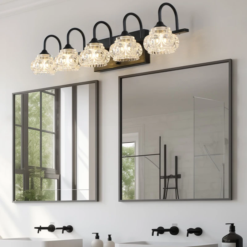 Retro 5-Light Vanity Light Fixture with Crystal Glass Shades, Metal Bracket, Perfect for Bathroom, Dressing Room, 29" L x 7" W x 6.5" H, Black