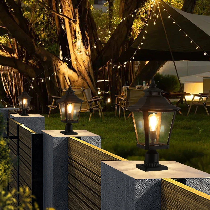 2-Pack Outdoor Post Lantern Lights with Weather-Resistant Design, Clear Glass Pillar Lamps for Garden, Driveway, 22" L x 11" W x 21" H, Black