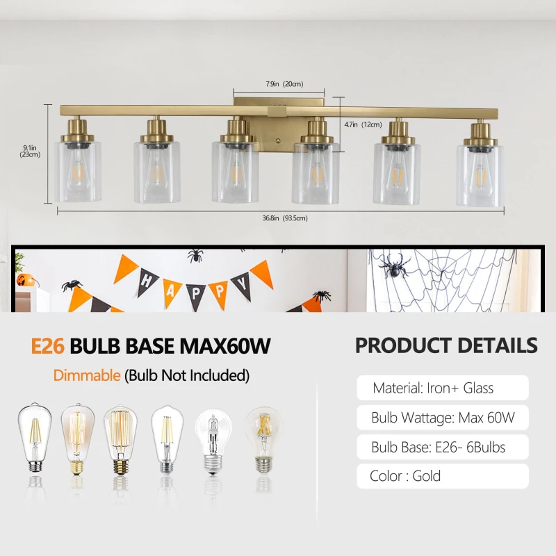 37" 6-Light Vanity Light with Clear Glass Shades, Easy Installation, Modern Iron Metal Bathroom Wall Fixture for Mirror, 37" L x 6" W x 9" H, Golden