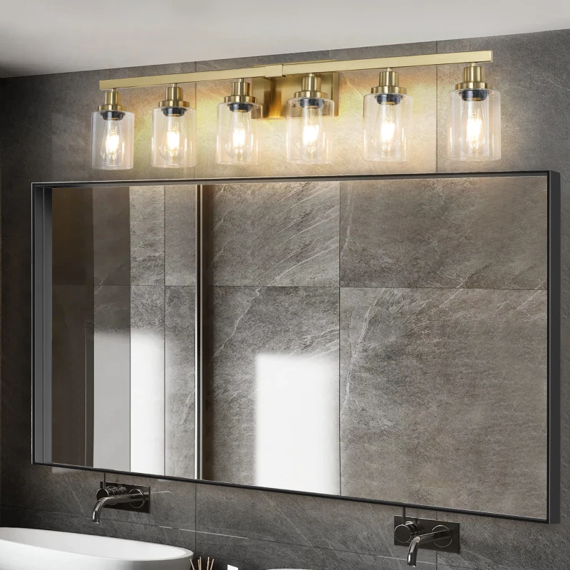 37" 6-Light Vanity Light with Clear Glass Shades, Easy Installation, Modern Iron Metal Bathroom Wall Fixture for Mirror, 37" L x 6" W x 9" H, Golden