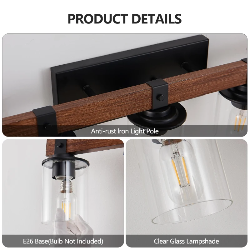50" 7-Light Vanity Light with Glass Shades, Wood Accent, Modern Farmhouse Wall Sconce for Bathroom, 50" L x 8.5" W x 6" H, Walnut+Black