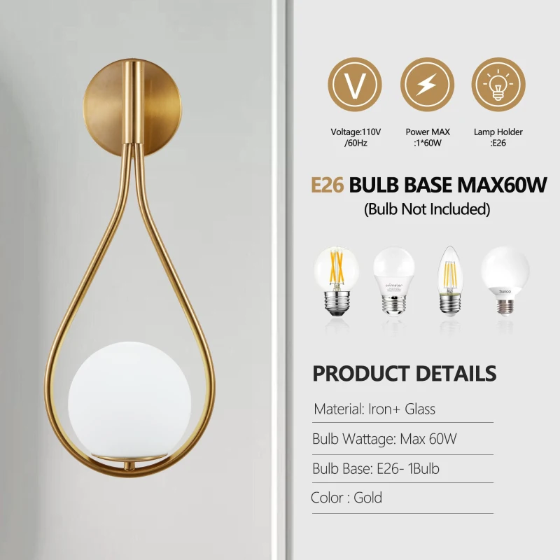 Set of 2 Modern Wall Sconces with Opal Glass Globe, Mid-Century Design, Luxury Wall Lights for Bedroom, Hallway, 7.5" L x 8" W x 18.5" H, Gold