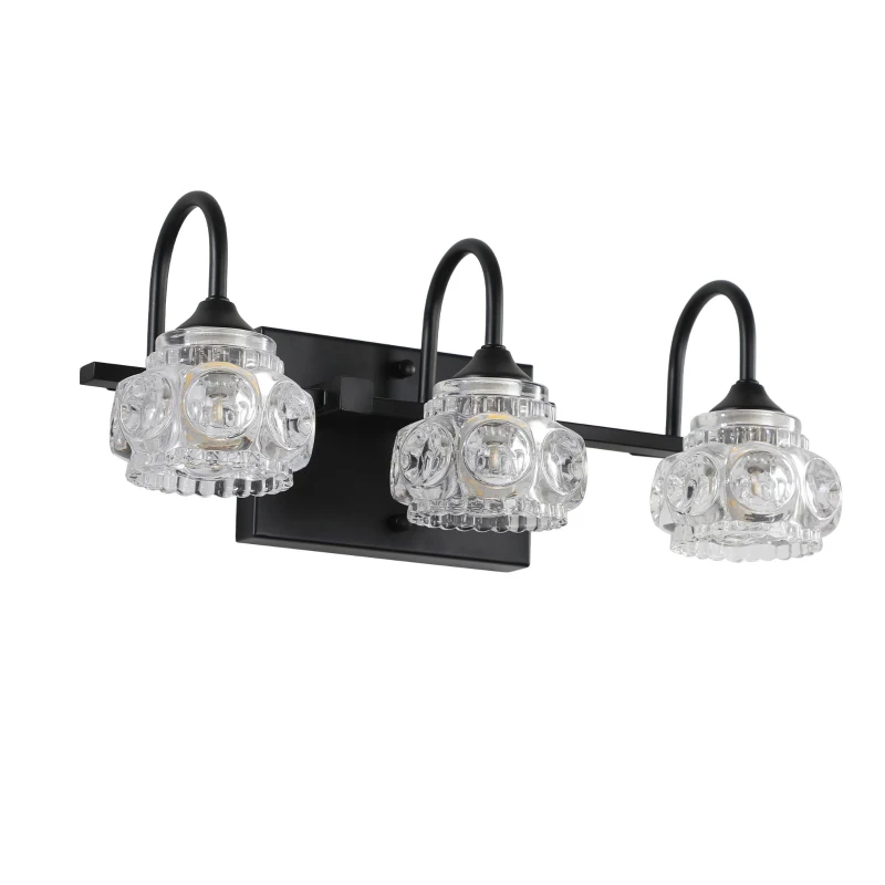Retro 3-Light Bathroom Wall Sconce with Crystal Glass Shades, Metal Bracket, Wall Mounted Vanity Light Fixture, 17.5" L x 7" W x 6.5" H, Black