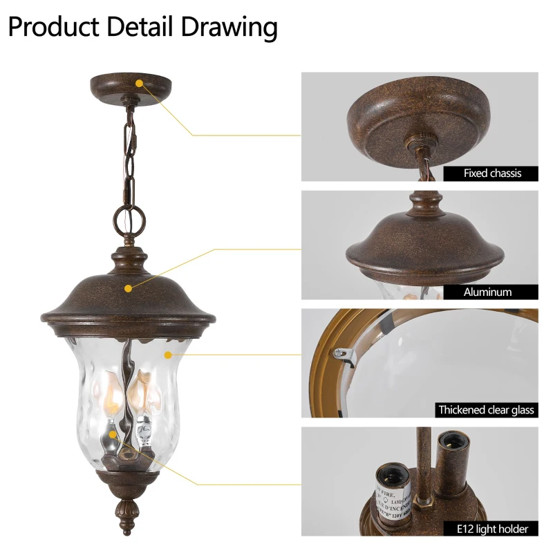 Rustic Outdoor Hanging Lantern with Clear Glass Shade, Waterproof Exterior Lighting Fixture for Porch, 10" L x 10" W x 19.5" H, Brown+Bronze
