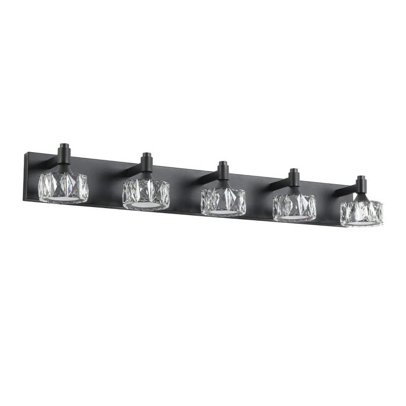 Modern 5-Light LED Vanity Light Fixture with Crystal Glass Shades, Matte Black Bathroom Wall Sconce, 36" L x 8" W x 5" H, Black