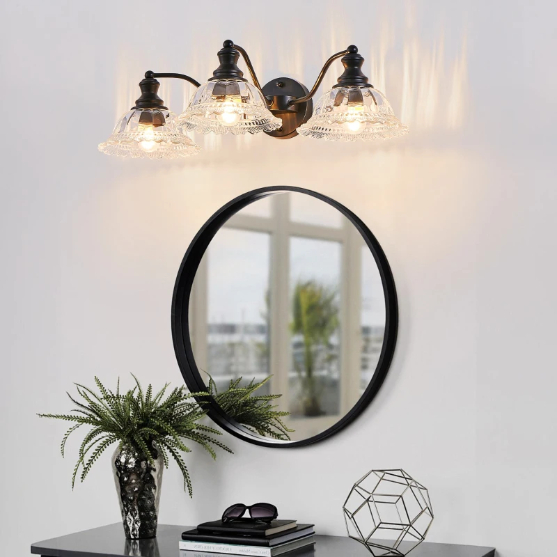 24" Vintage 3-Light Wall Sconce with Clear Glass Lampshades, Vanity Fixture for Bathroom, Hallway, Bedroom, 24" L x 12" W x 8" H, Black