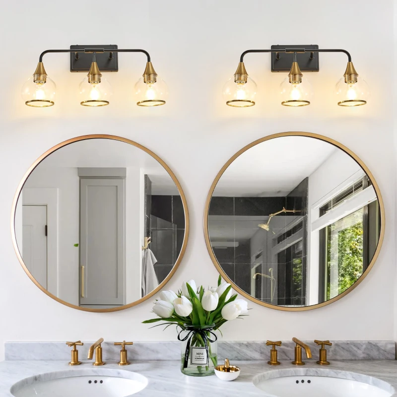 23" Industrial 3-Light Vanity Wall Sconce with Clear Glass Shades, Wall Mounted Lamp for Bathroom, Bedroom, 23" L x 8" W x 11" H, Black+Gold