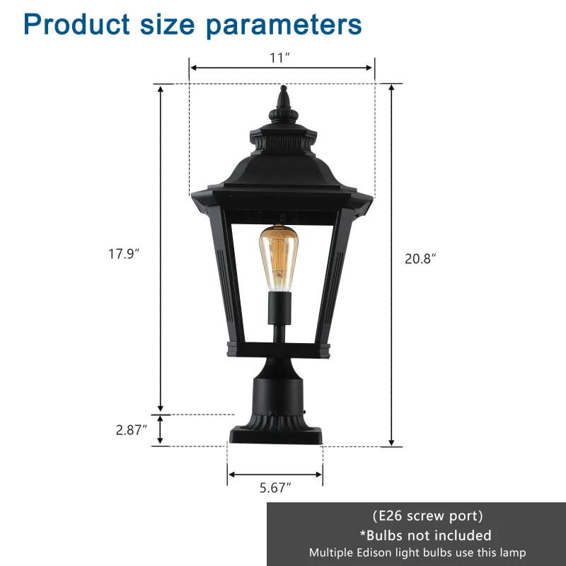 Outdoor Post Lantern Light with Pathway Lighting, Vintage Metal, Clear Glass Pillar Lamp for Garden, Gate, Driveway, 11" L x 11" W x 21" H, Black