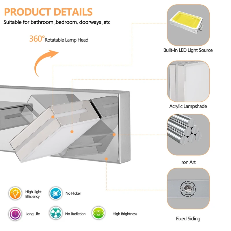 Energy-Efficient 7-Light Wall Sconce with Geometric Lamp Heads, Chrome LED Vanity Light for Bathroom, Mirror, 55" L x 4.5" W x 5" H, Silver