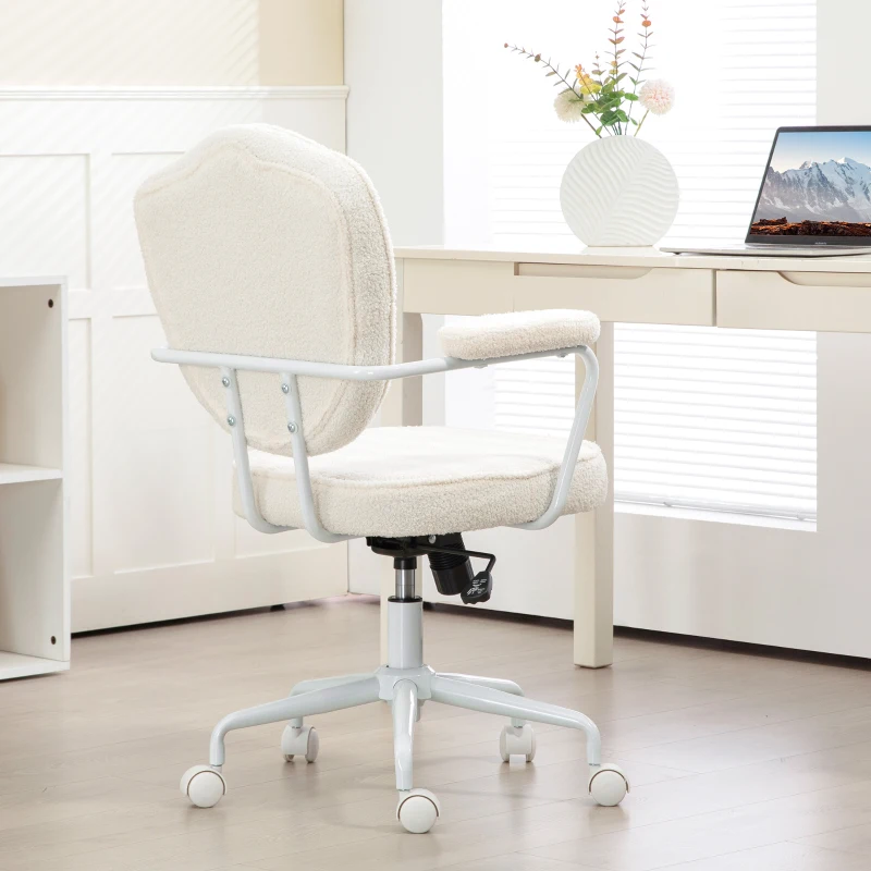 HOMCOM Cute Office Chair, Desk Chair with Button Tufted Teddy Bear Fleece, Swivel Computer Vanity Chair, Cream White