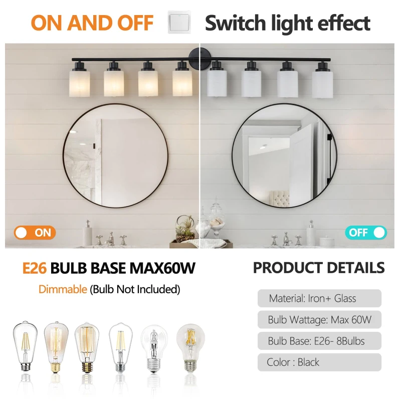 52" Modern 8-Light Vanity Light with Iron Frame, Frosted Glass, Wall Sconce for Bathroom, Dressing Room, 52" L x 6.5" W x 10" H, Black+White