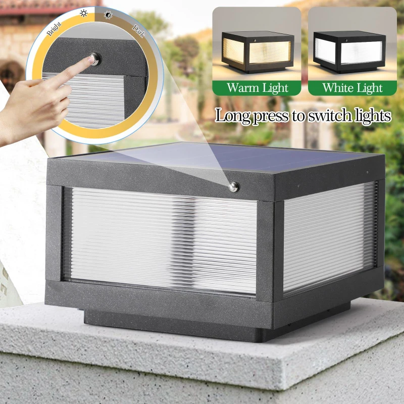 2-Pack Solar Powered LED Post Cap Light with Modern design, Modern Outdoor Fence Light for Pathways, Decks, 12" L x 12" W x 8" H, Black