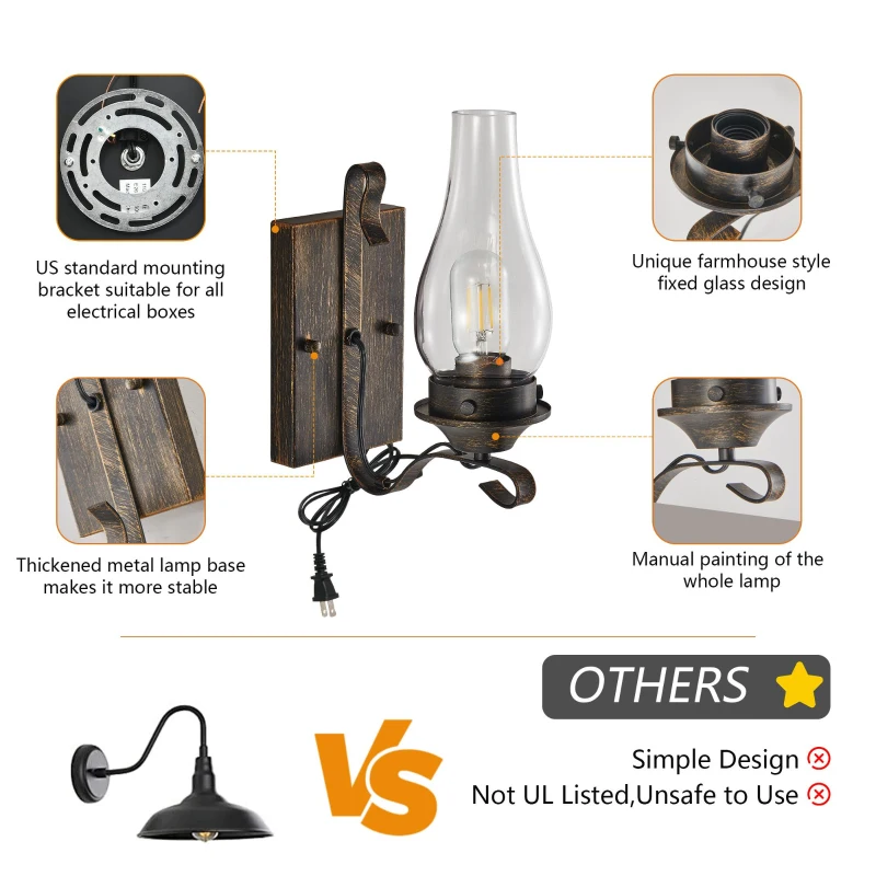 Set of 2 Rustic Farmhouse Wall Sconces with Glass Shade, Easy Installation, Vintage Industrial Plug-in Wall Lights, 5" L x 5" W x 12" H, Black+Gold