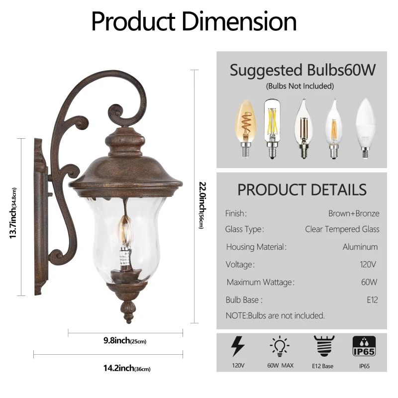 Vintage Outdoor Wall Lantern with Clear Glass Shade, Waterproof Wall Mount Fixture for Patio, Porch, 14" L x 10" W x 22" H, Brown+Bronze