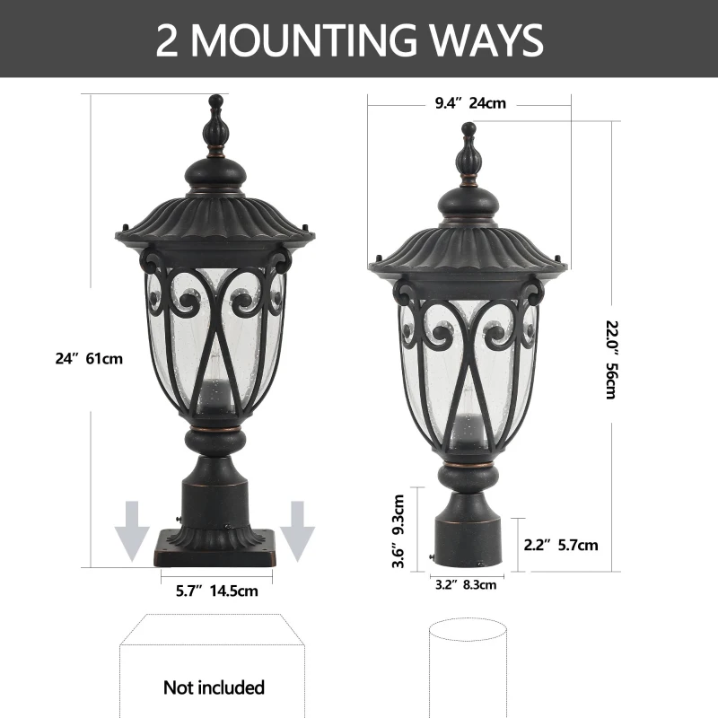 Vintage Outdoor Post Lantern with Bubble Glass, Waterproof Aluminum Lamp Post Light, Quick Installation, 9.5" L x 9.5" W x 24" H, Black