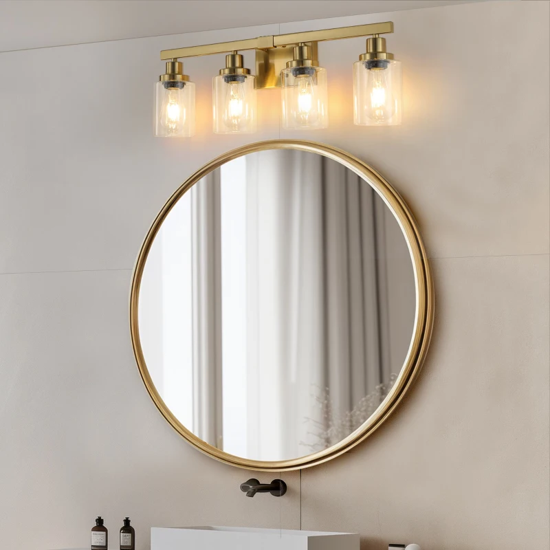 24" 4-Light Vanity Light with Clear Glass Shades, Modern Iron Bathroom Wall Fixture for Mirror, Dressing Table, 24" L x 6" W x 9" H, Golden