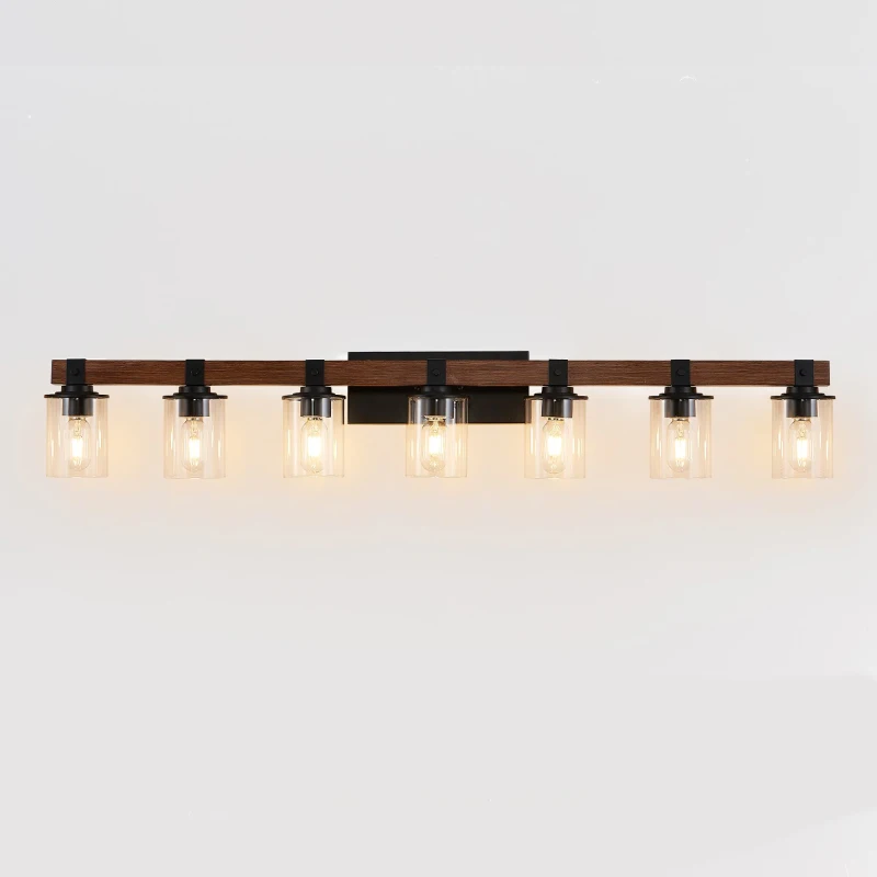 50" 7-Light Vanity Light with Glass Shades, Wood Accent, Modern Farmhouse Wall Sconce for Bathroom, 50" L x 8.5" W x 6" H, Walnut+Black