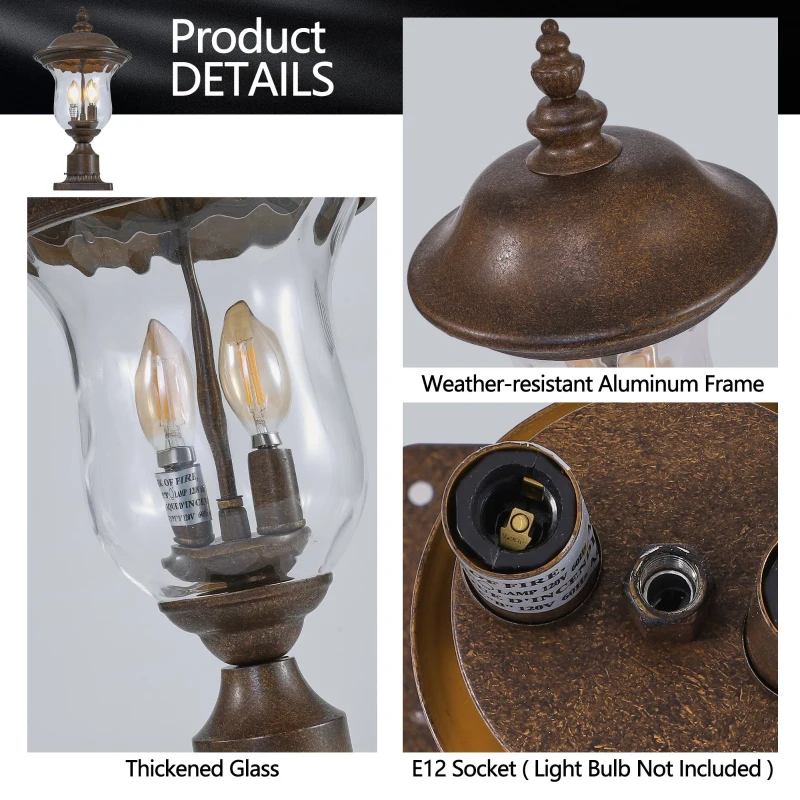 Vintage Outdoor Lamp Post Light with Clear Glass Shade, Classic Bronze Finish, Ideal for Yard, Porch, 10" L x 10" W x 21" H, Brown+Bronze