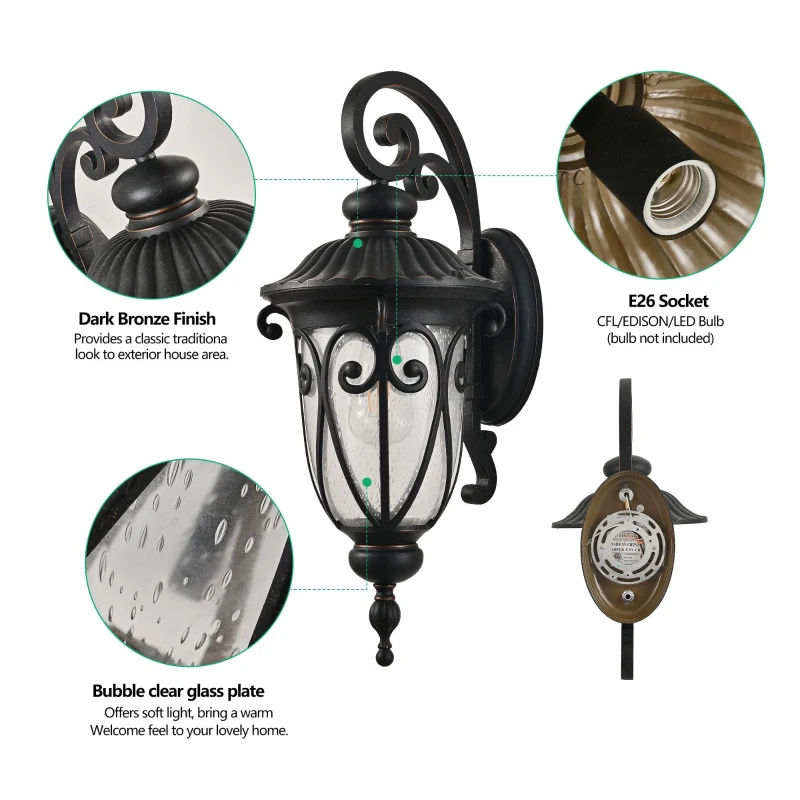 Classic Outdoor Wall Lantern with Bubble Glass, Vintage Wall Sconce, Weatherproof Exterior Light Fixture for Porch, 9.5" L x 12" W x 23" H, Black